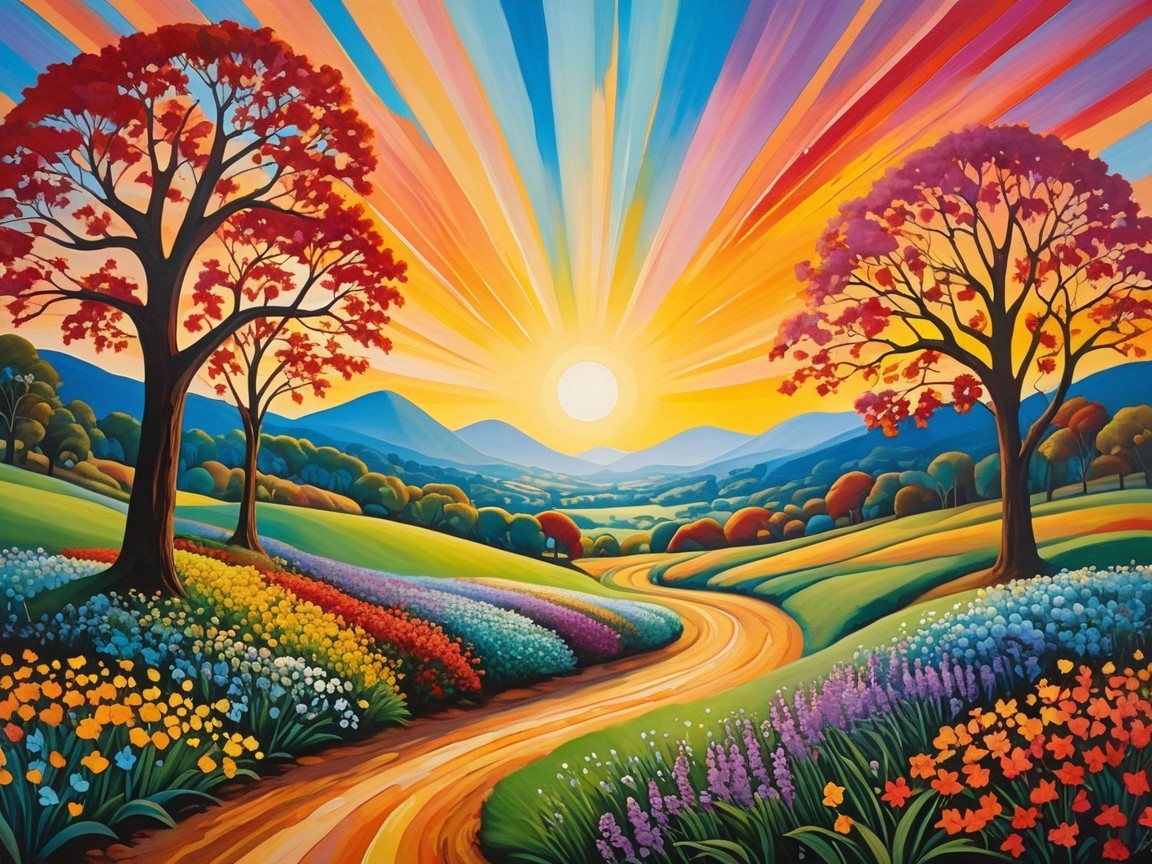 Vibrant Landscape with Colorful Hills and Flowers