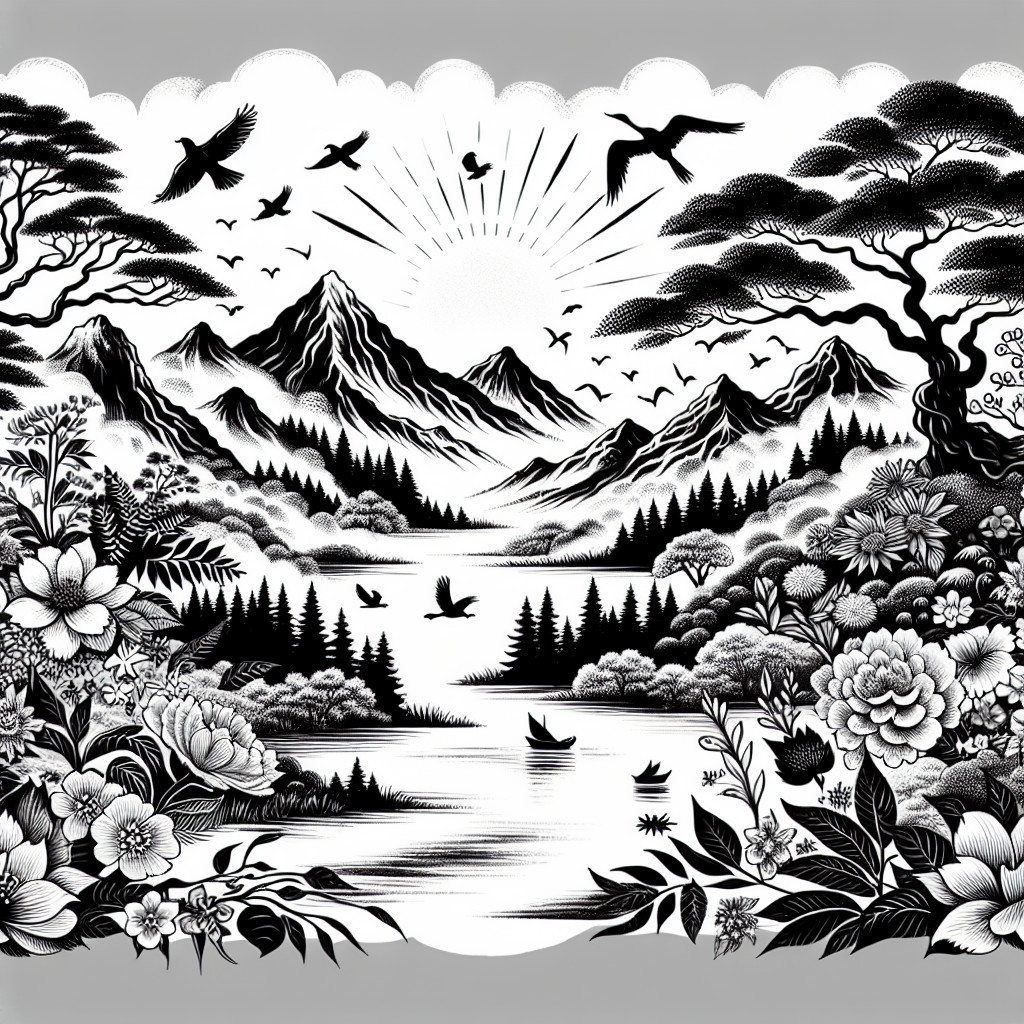 Black-and-white illustration of a serene landscape
