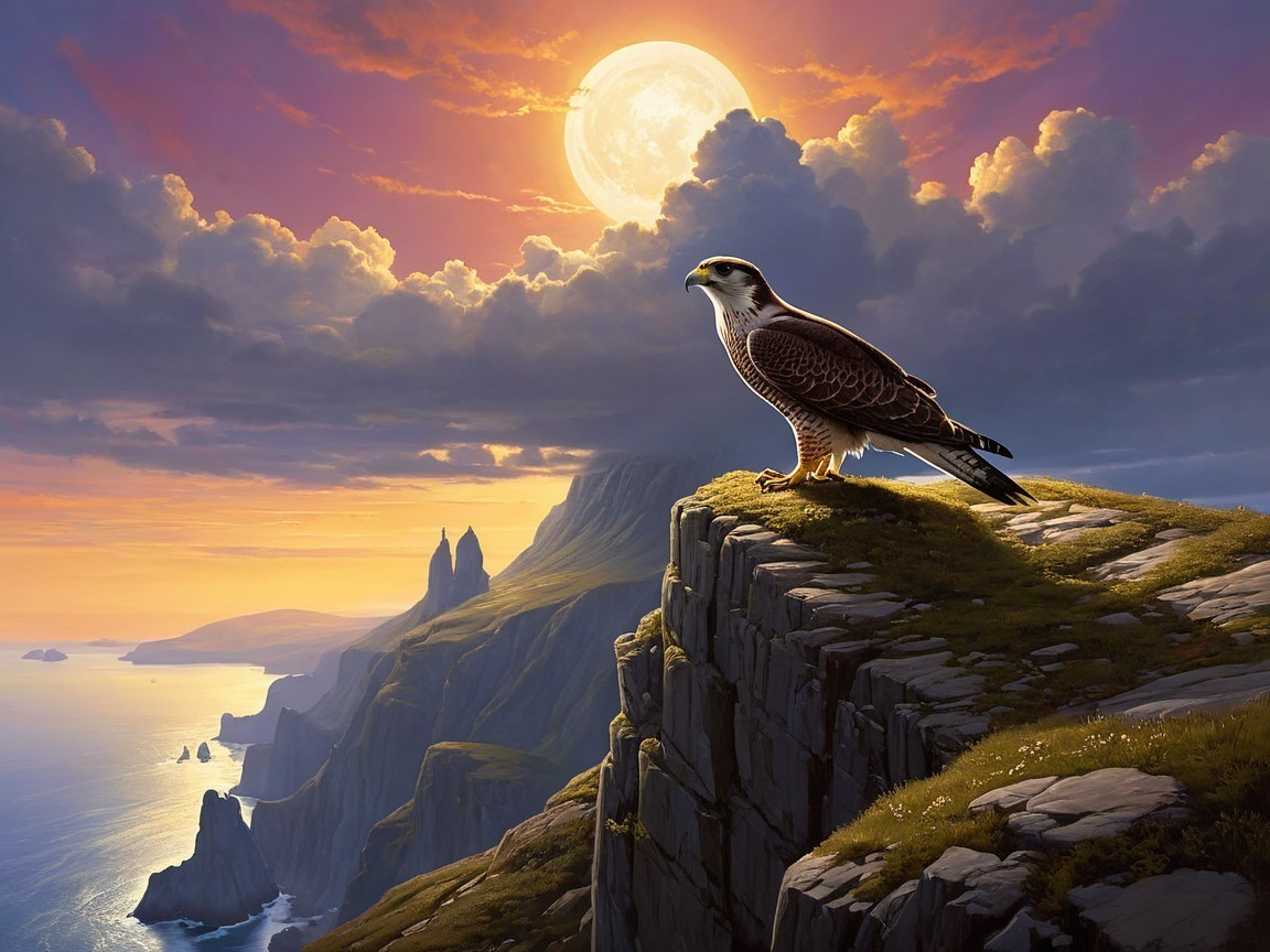 Hawk on Cliff with Moonlit Ocean Background