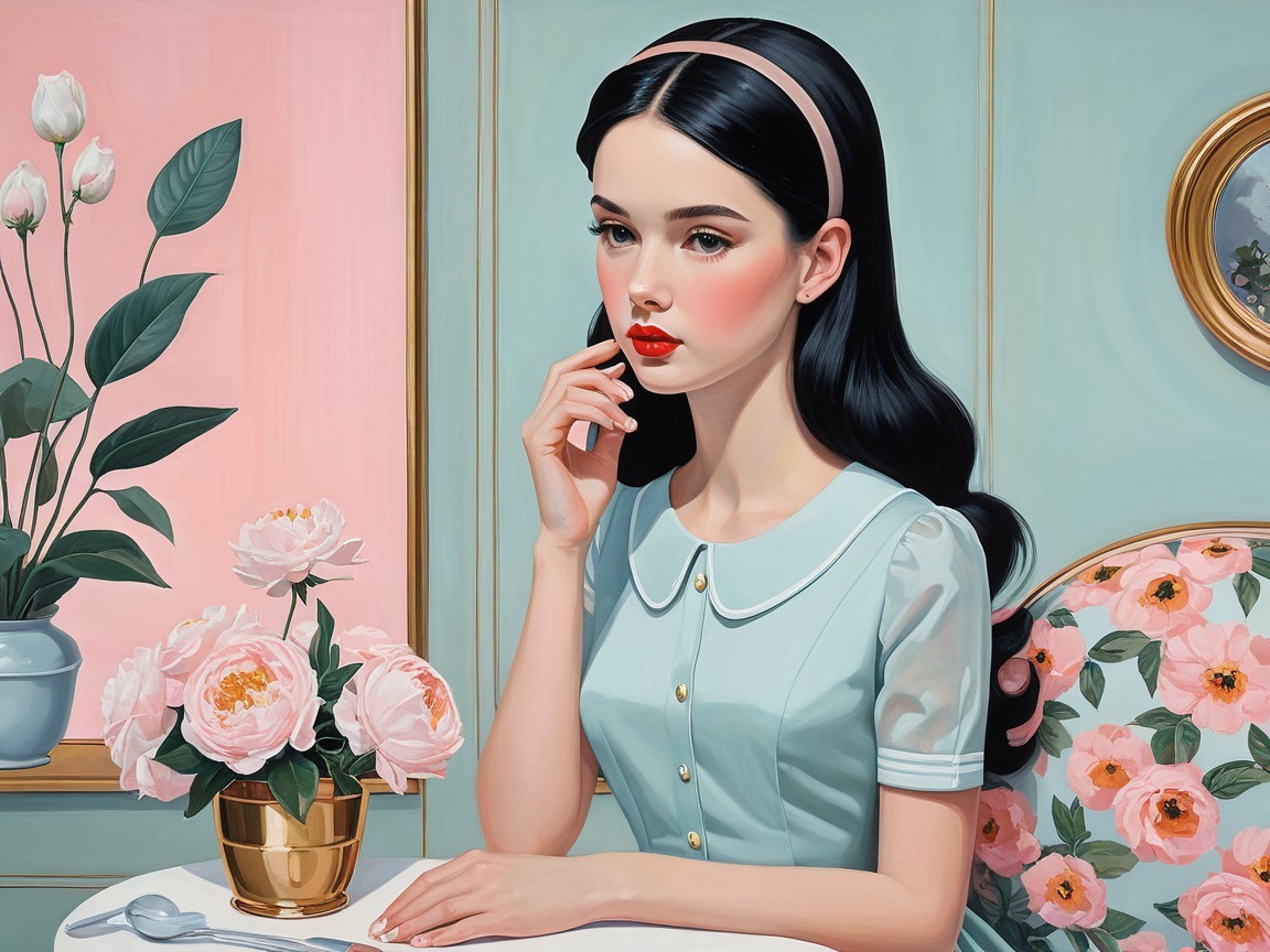 Young Woman in Pastel Blouse with Peonies at Table