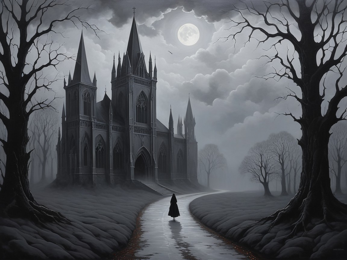 Gothic Cathedral Under Full Moon in Dark Atmosphere