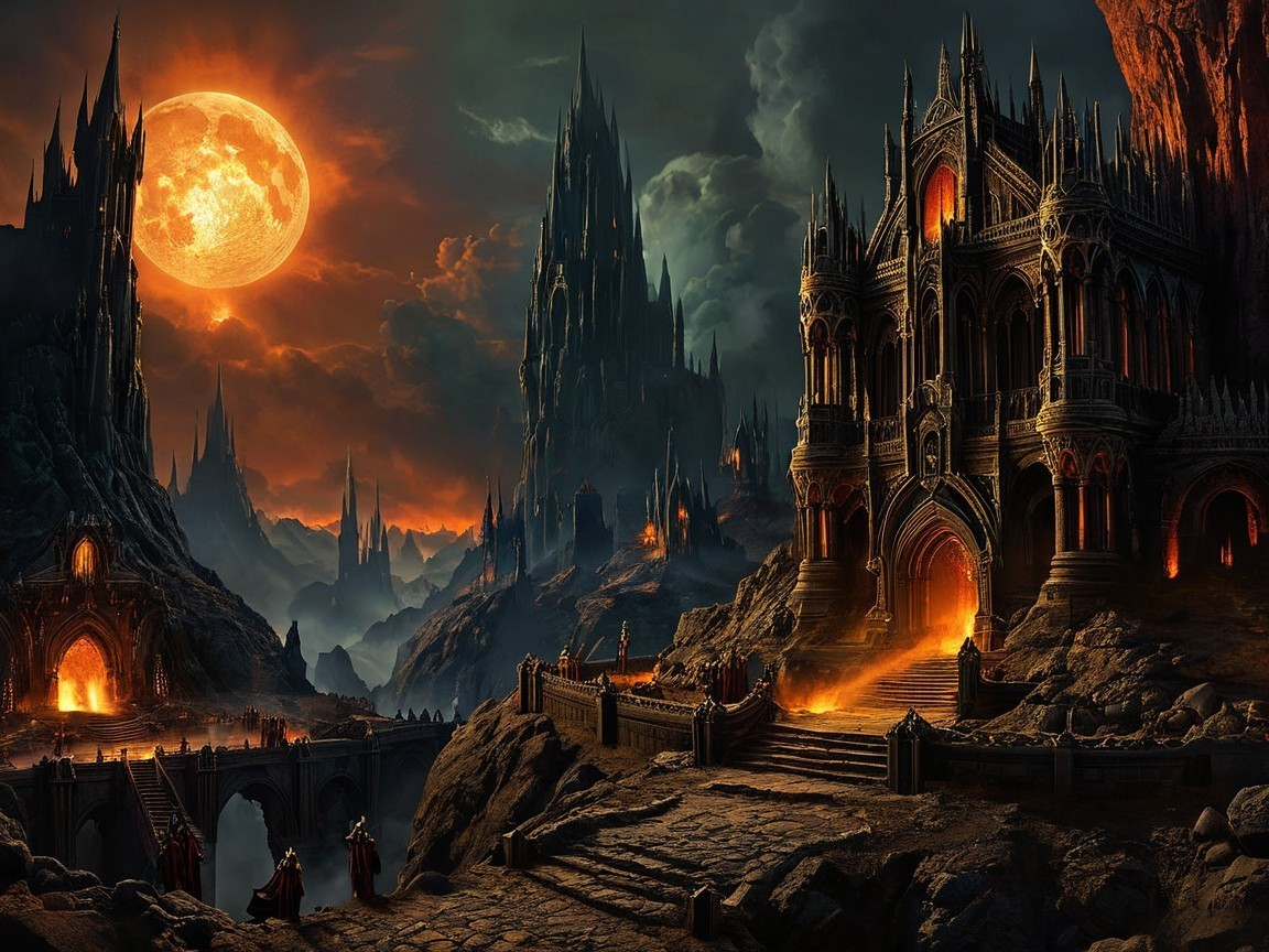 Dark Fantasy Landscape with Gothic Castle and Mountains