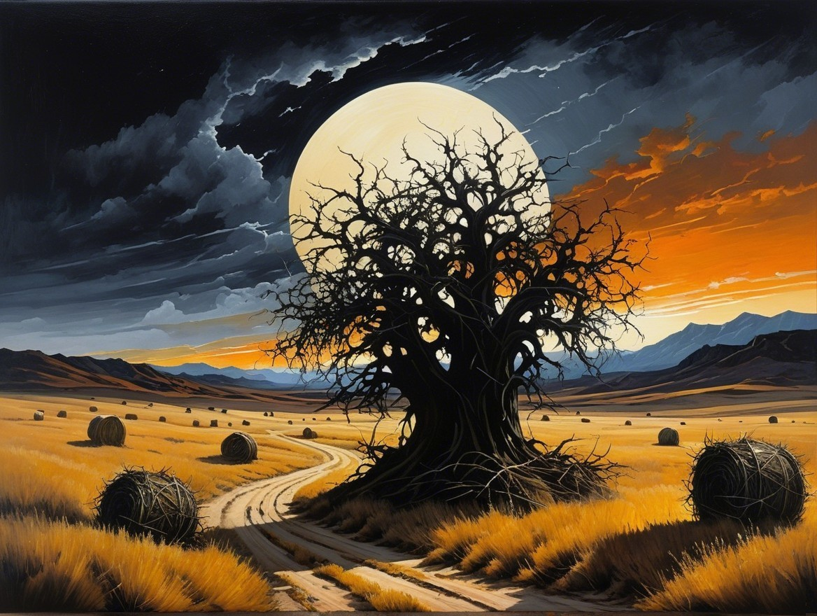Solitary Tree Under Dramatic Sky and Moonlight