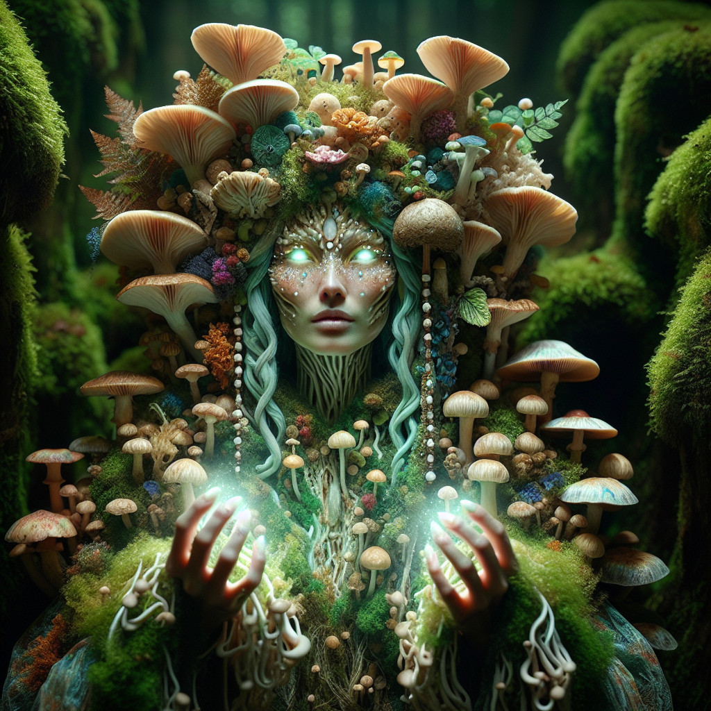 Mystical forest figure with flora and glowing orbs
