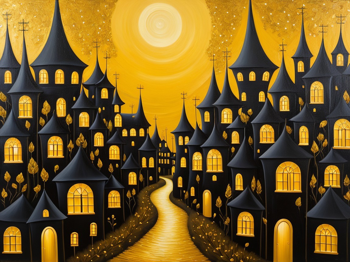 Whimsical Landscape with Black Houses and River