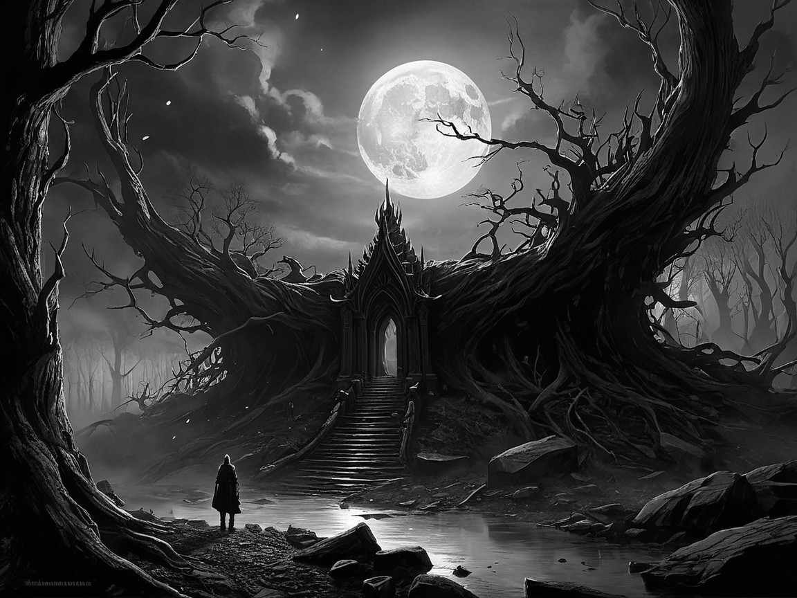 Lone Figure at an Ancient Eerie Gateway in Moonlight