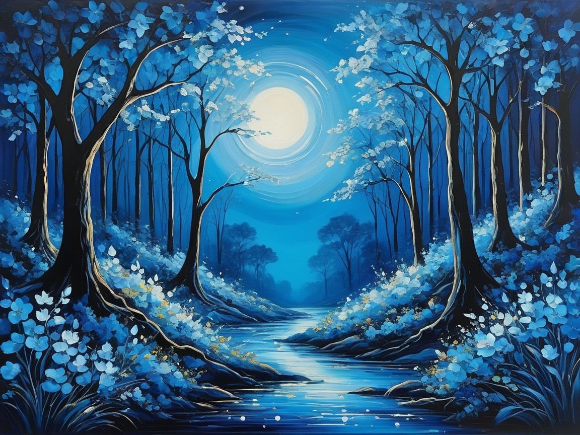 Tranquil River Scene Under a Full Moon in Forest
