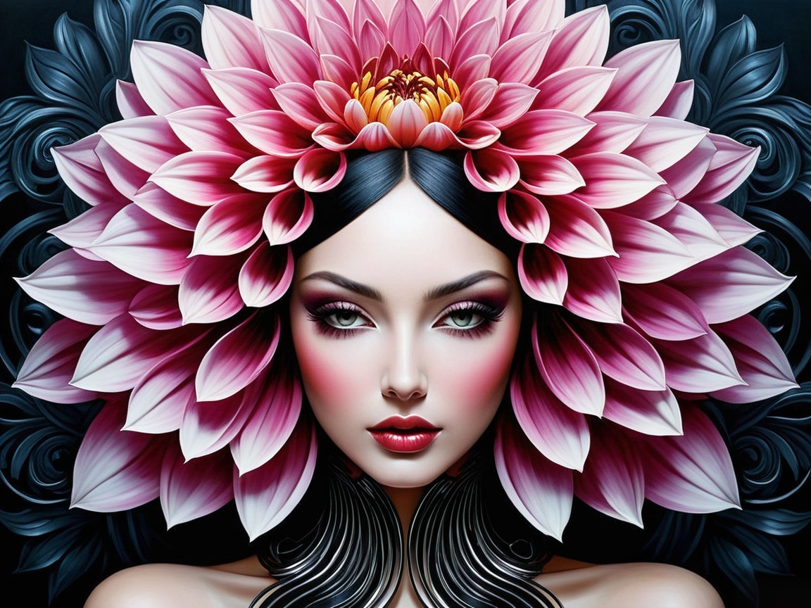 Female Figure Surrounded by Pink and White Lotus Flowers
