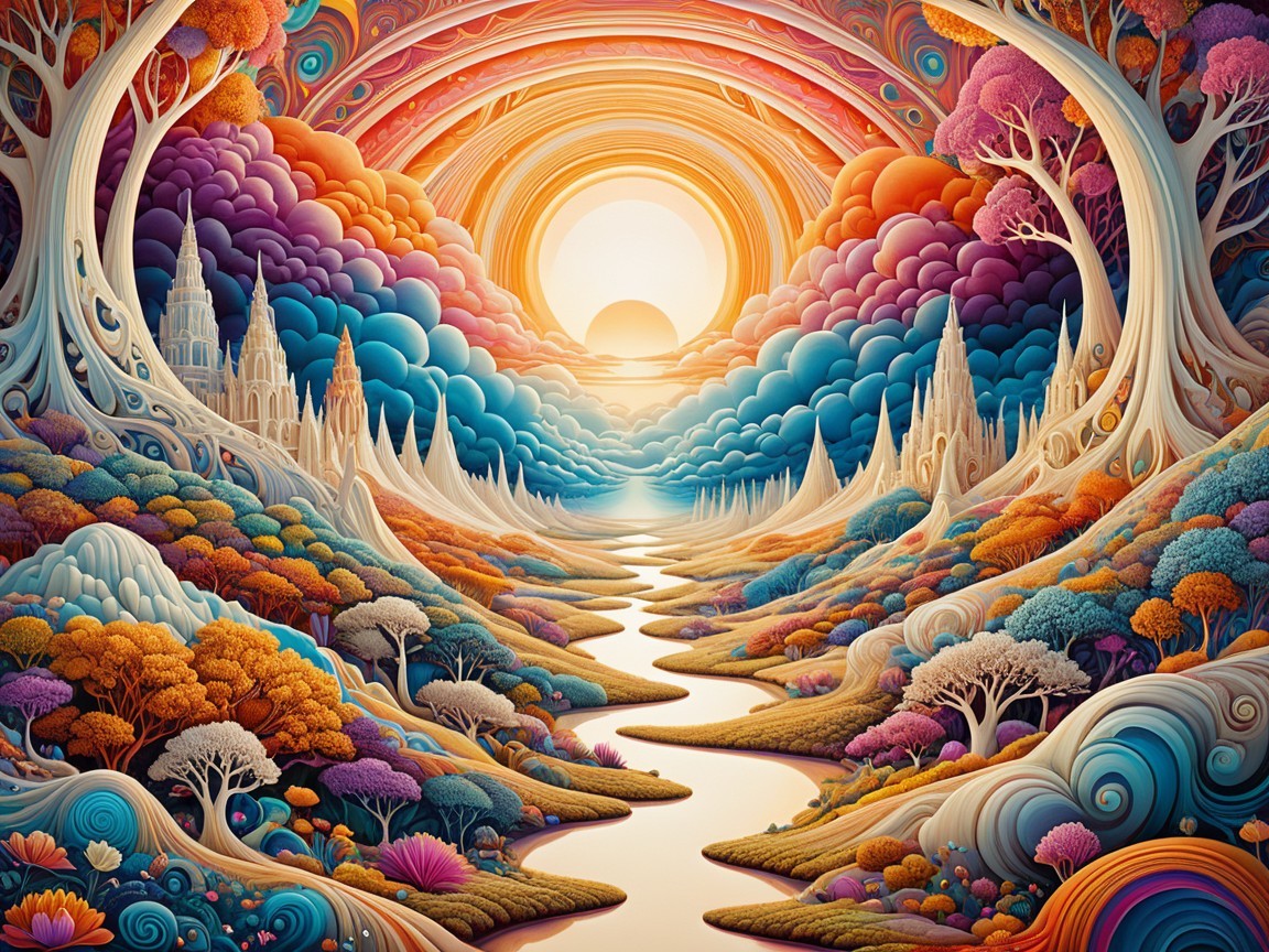 Vibrant Fantasy Landscape with Colorful Clouds and Trees