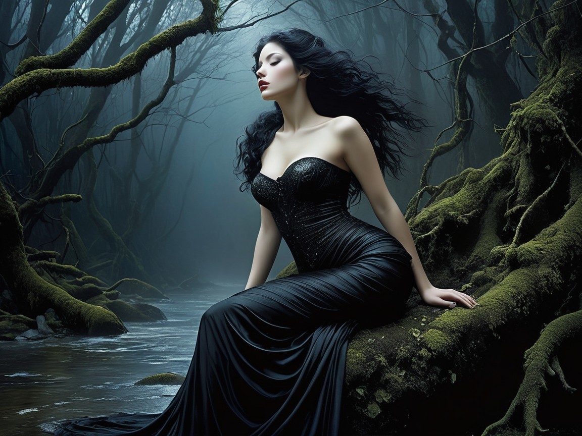 Mystical Forest Scene with Elegant Figure in Black Gown