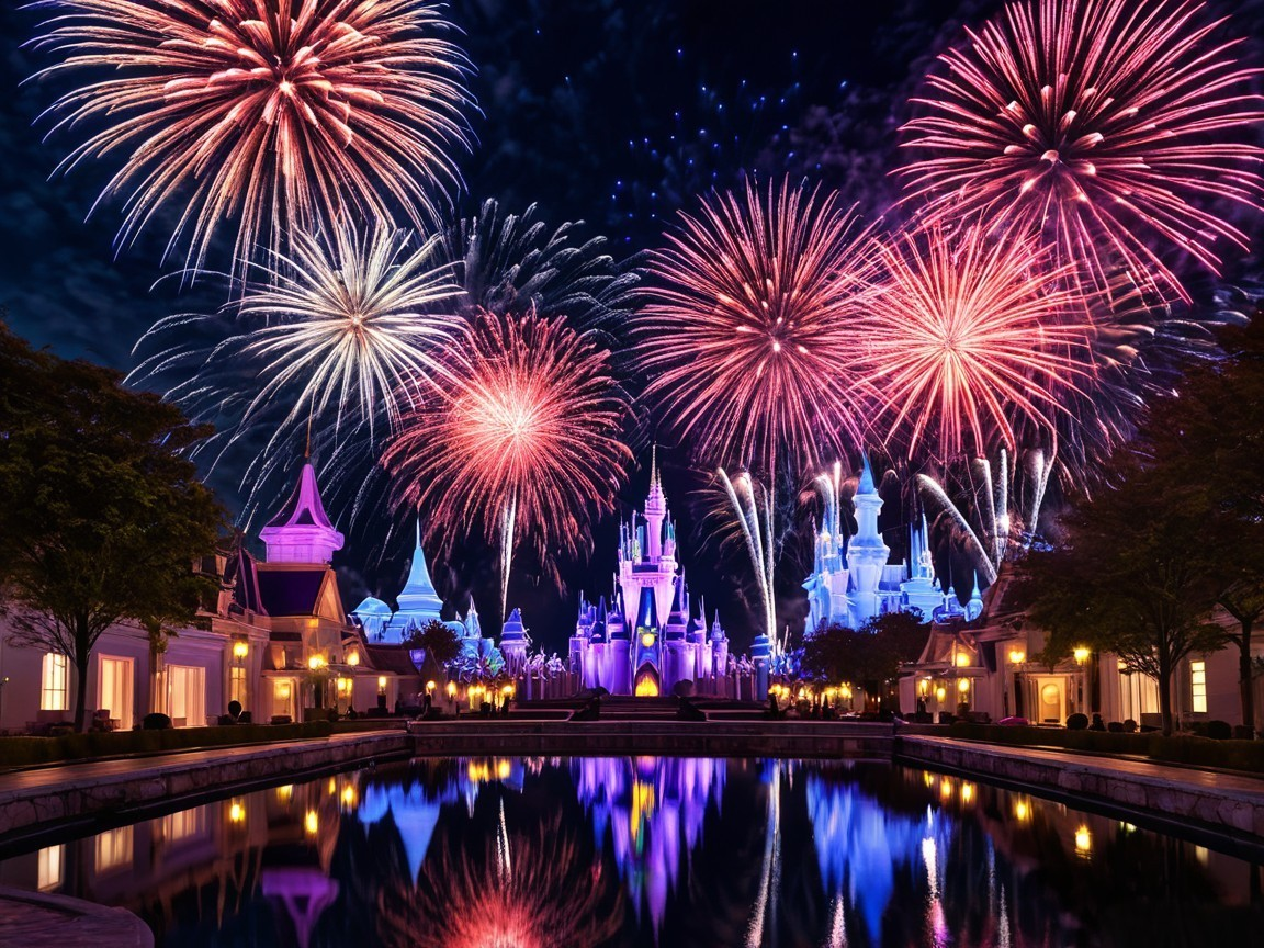 Majestic castle illuminated by vibrant fireworks display