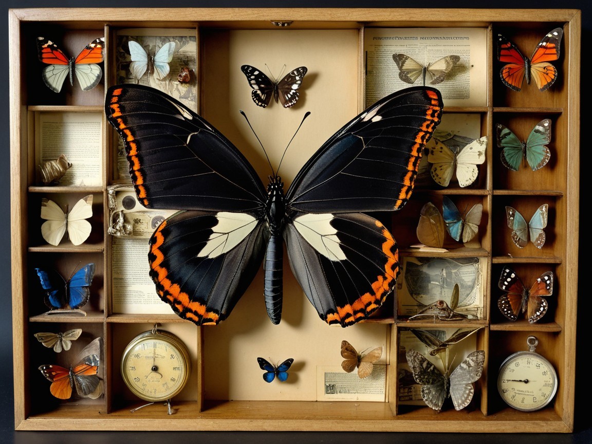 Display Case of Colorful Butterflies and Vintage Clocks