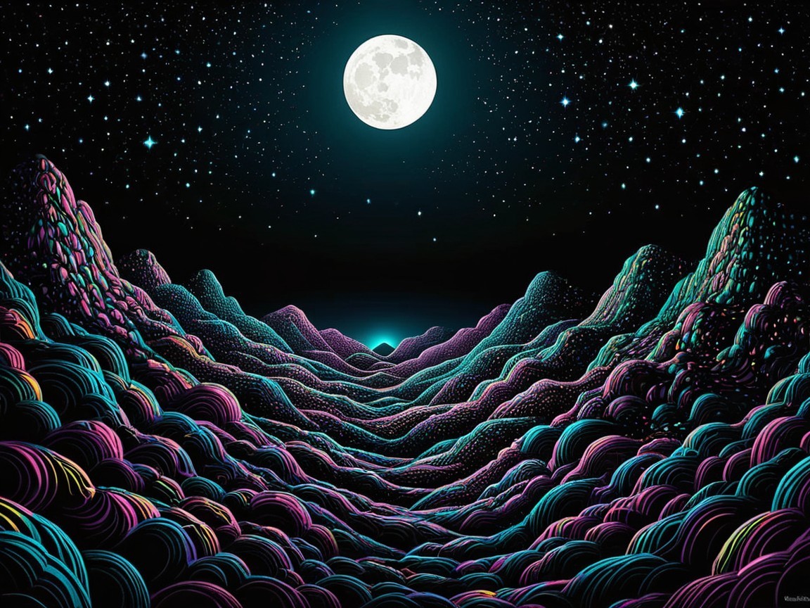 Psychedelic Night Landscape with Full Moon and Colors