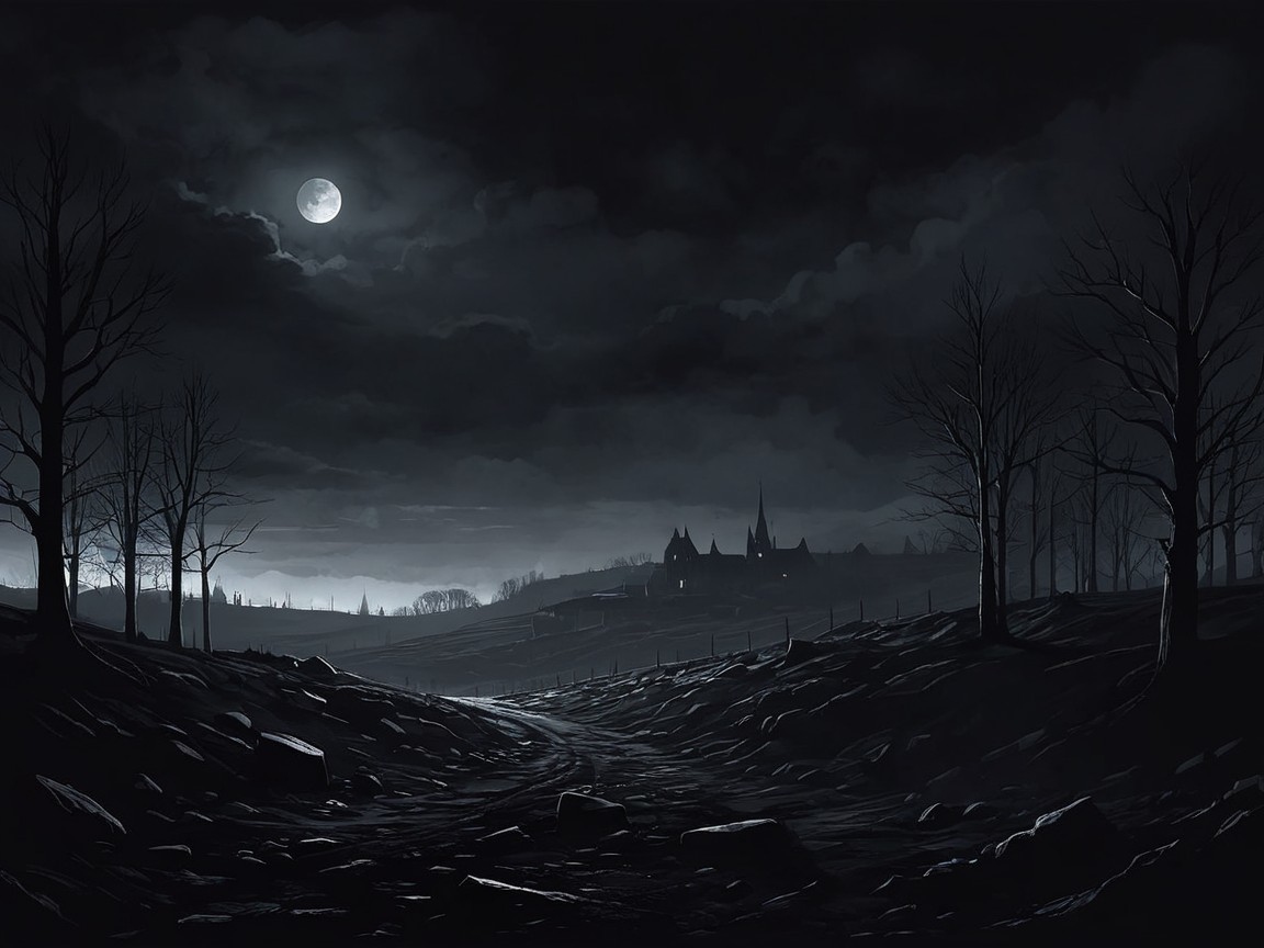 Desolate Landscape Under Full Moon and Ominous Clouds