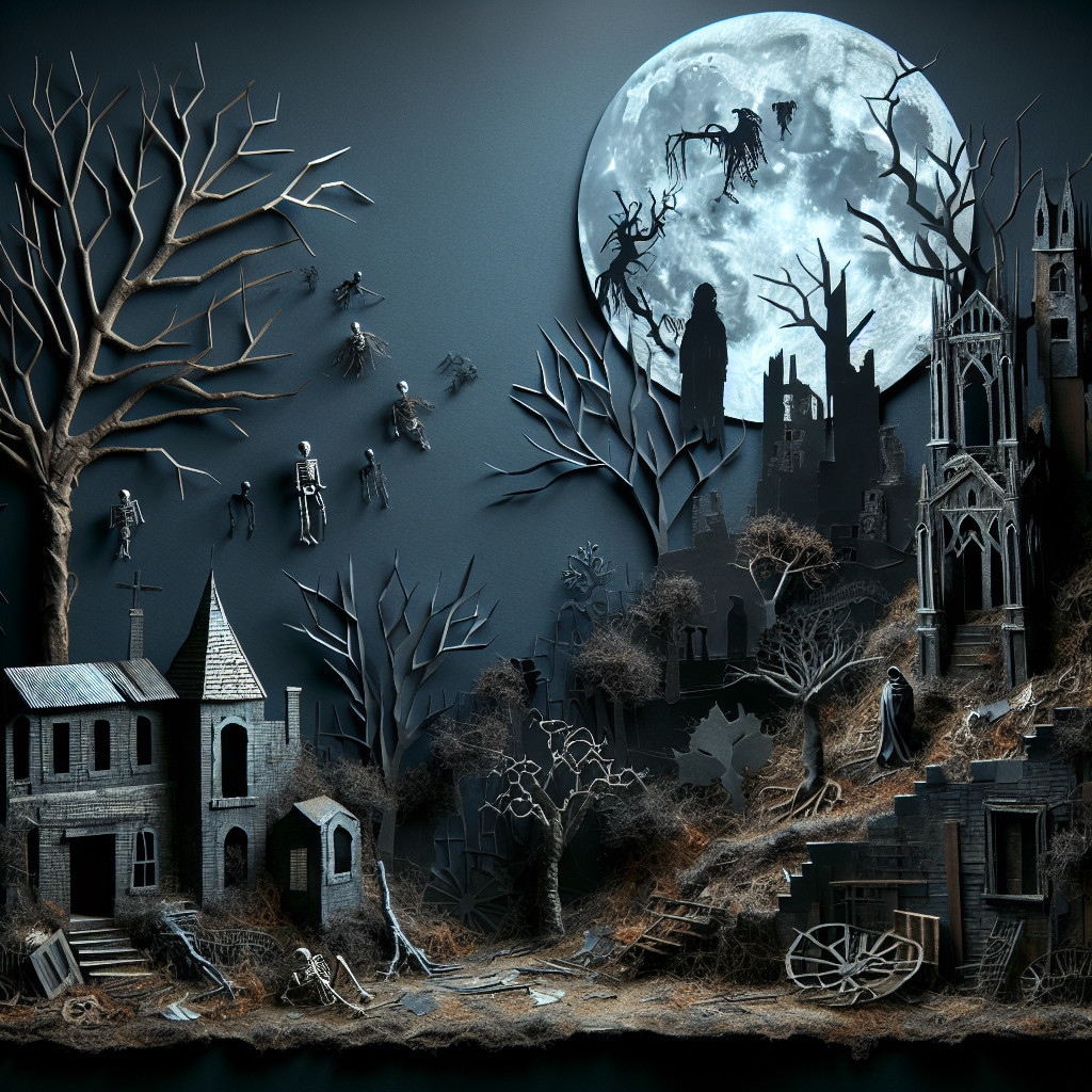 Haunting Scene with Twisted Trees and Ruins at Night