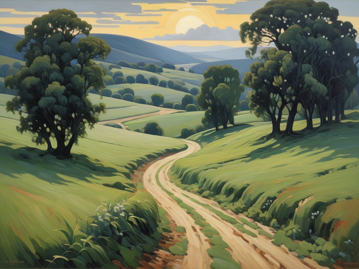 Serene Landscape with Rolling Hills and Sunrise