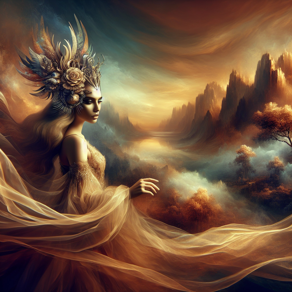 Mystical Scene with Serene Figure in Ethereal Landscape