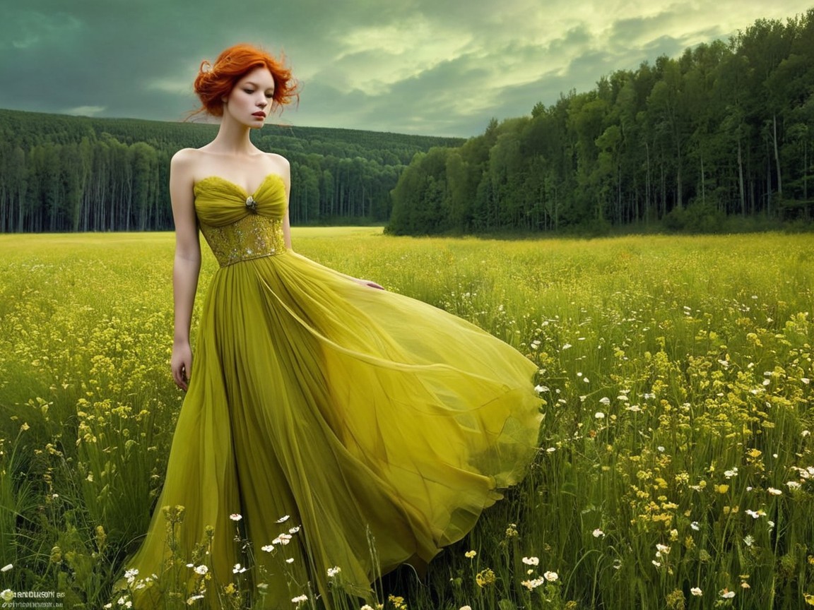 Woman in yellow-green gown in a lush green field