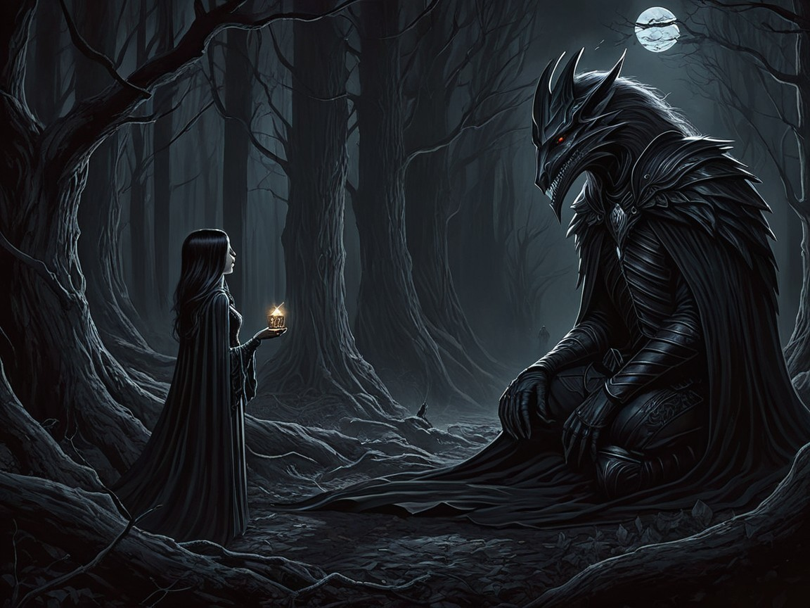 Cloaked Figure Meets Humanoid Dragon in Moonlit Forest