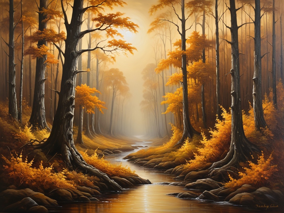 Autumn Forest Scene with Golden Sunlight and Creek