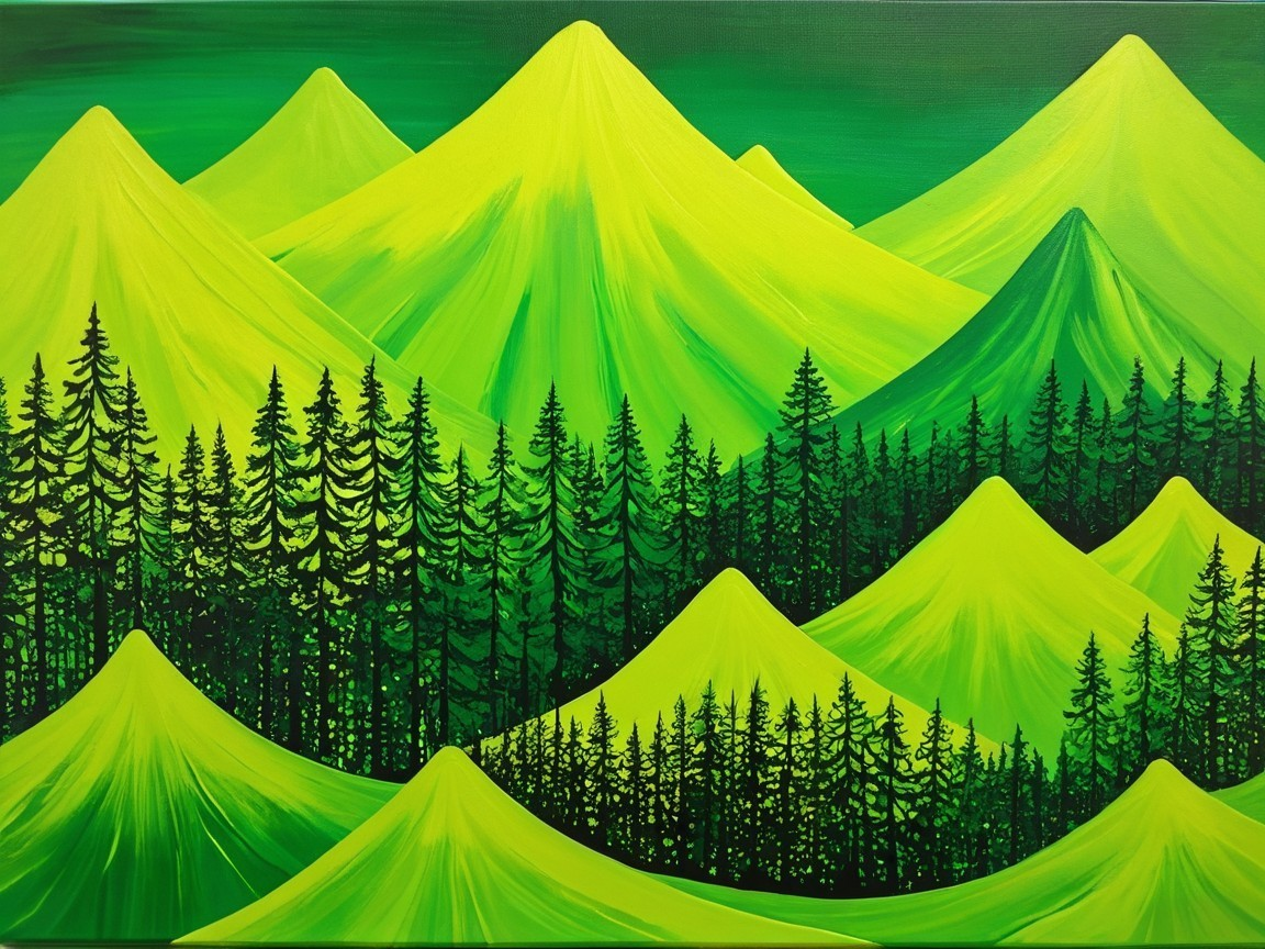 Vibrant Landscape of Stylized Mountains and Forest