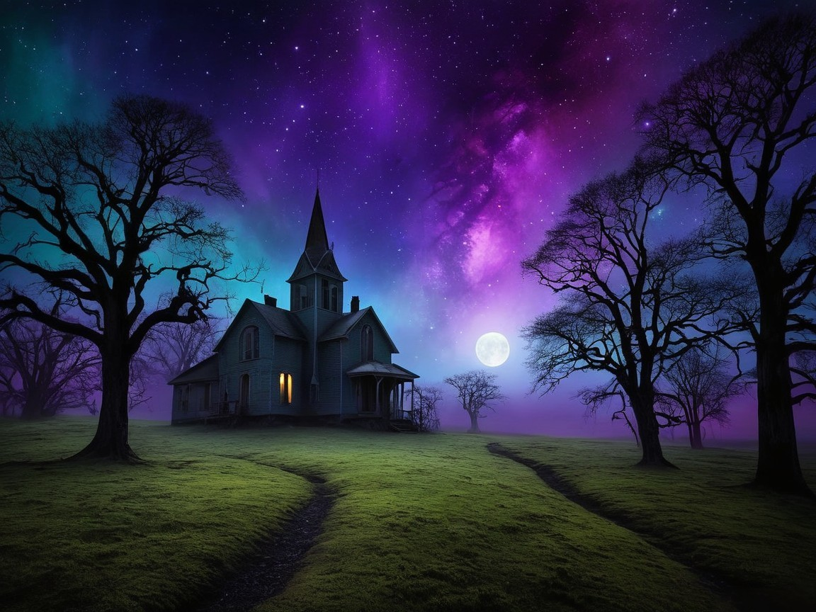 Silhouetted church against vibrant night sky backdrop