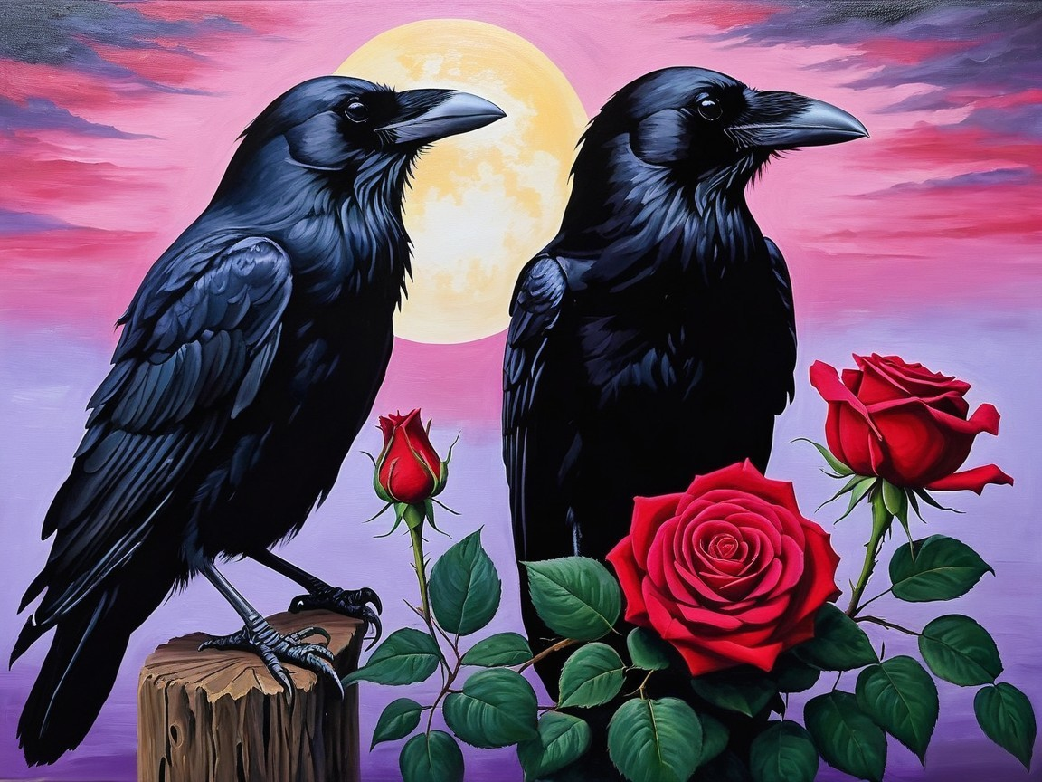 Ravens on Stumps with Roses Under a Moonlit Sky
