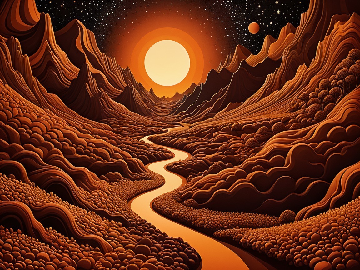 Surreal landscape with textured mountains and glowing sun