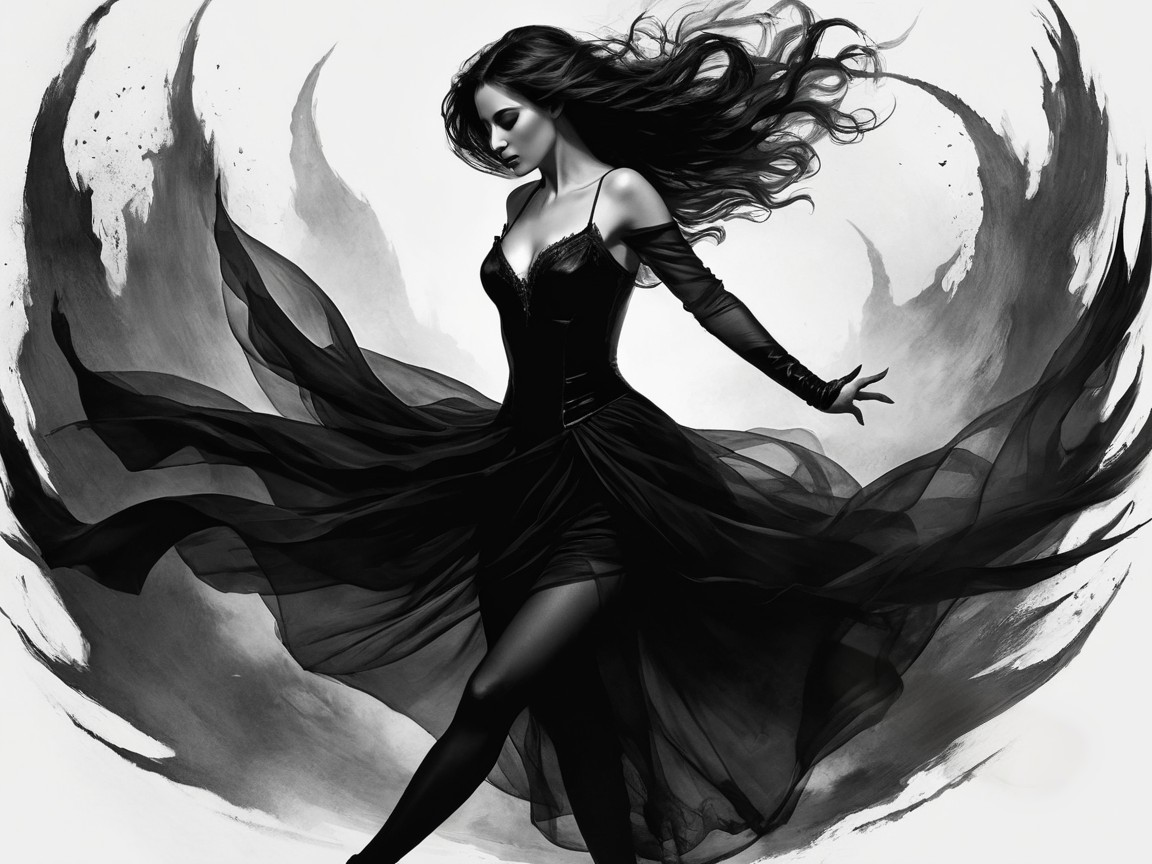 Monochrome Illustration of a Woman in a Black Gown
