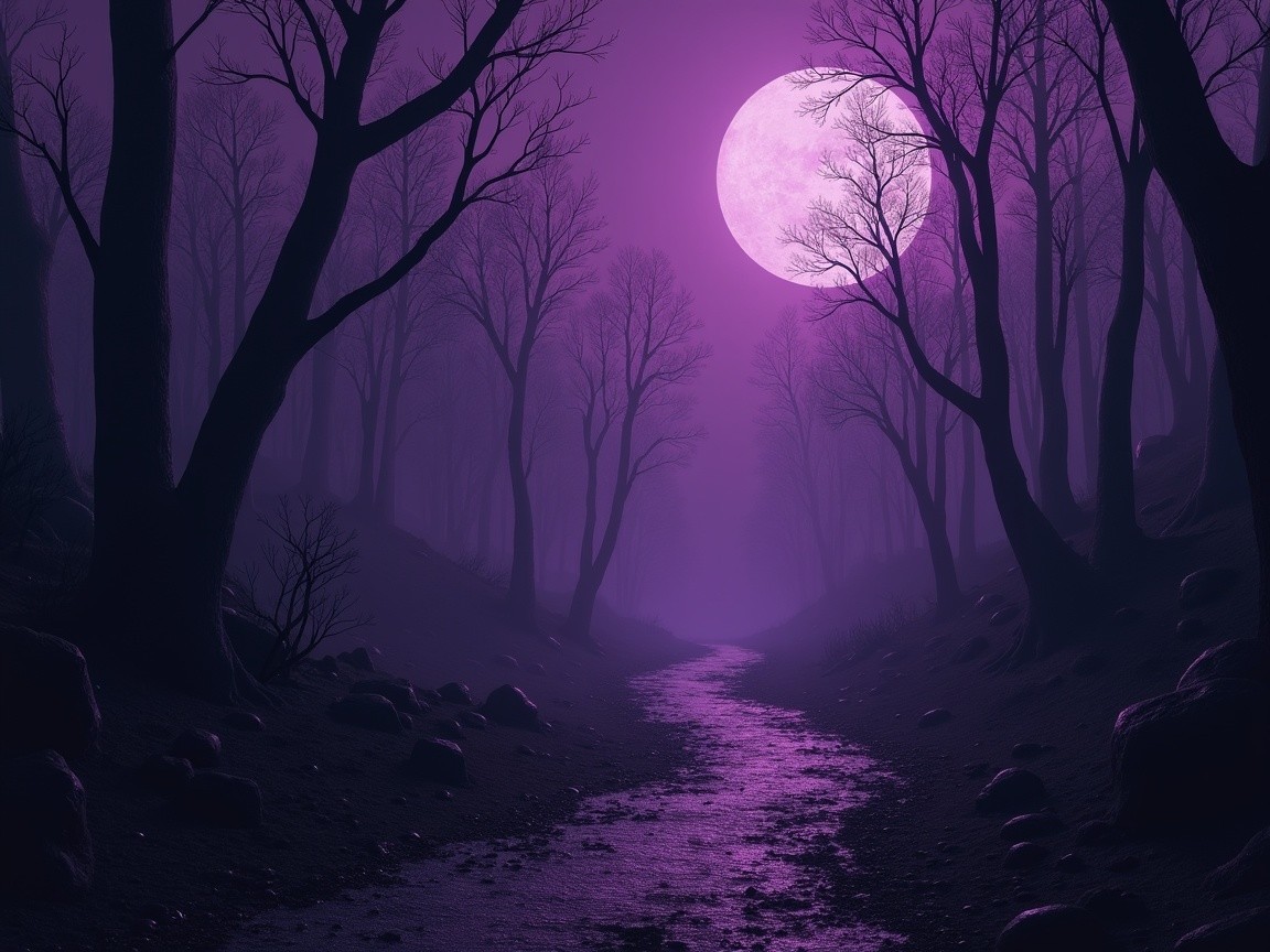 Surreal Purple Forest Scene with Moonlit Stream