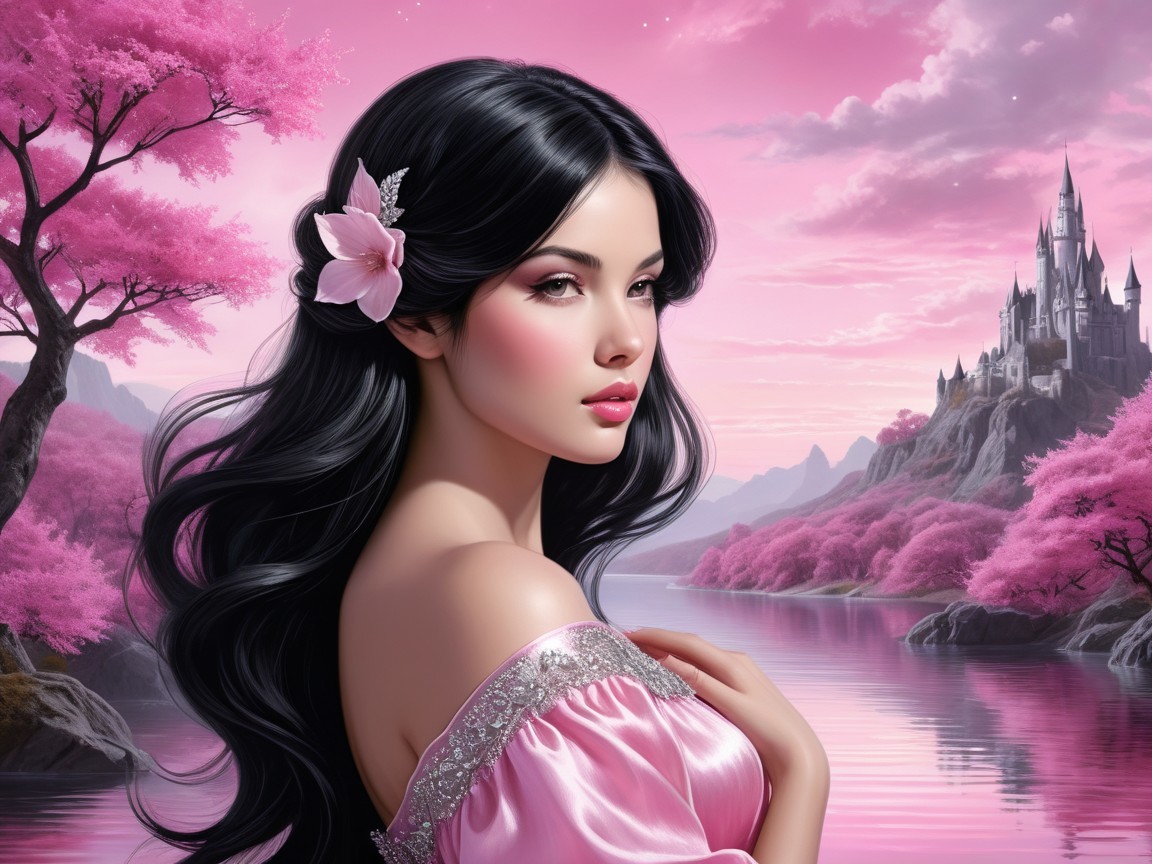 Young woman among cherry blossoms and a castle backdrop