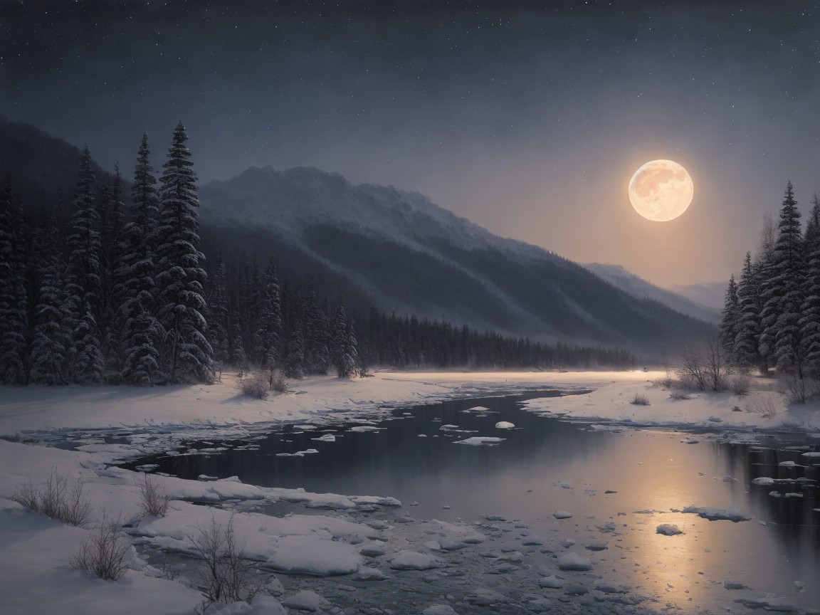 Winter Landscape with Moonlit River and Pine Trees