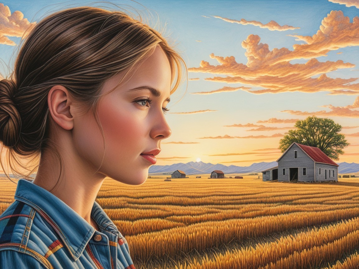 Serene Landscape with Young Woman at Sunset