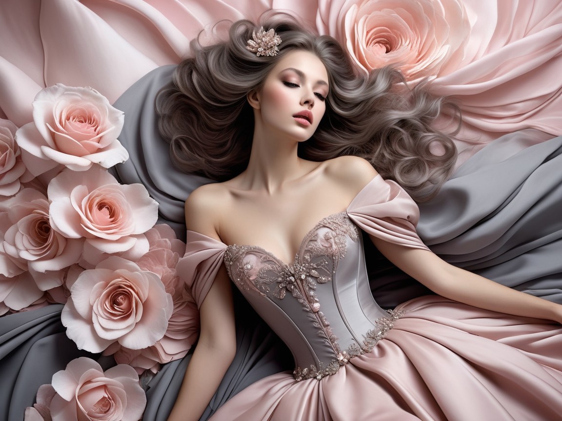 Elegant Woman in Off-Shoulder Gown Surrounded by Roses