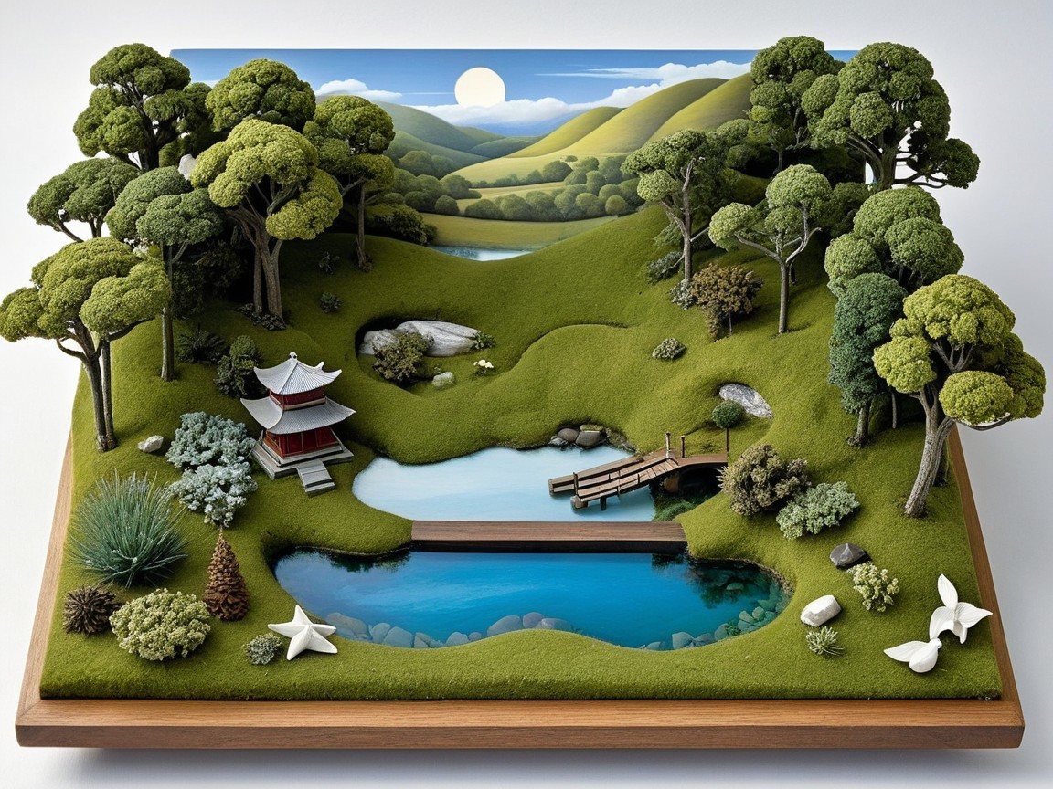 Miniature Landscape with Pond and Pagoda Features