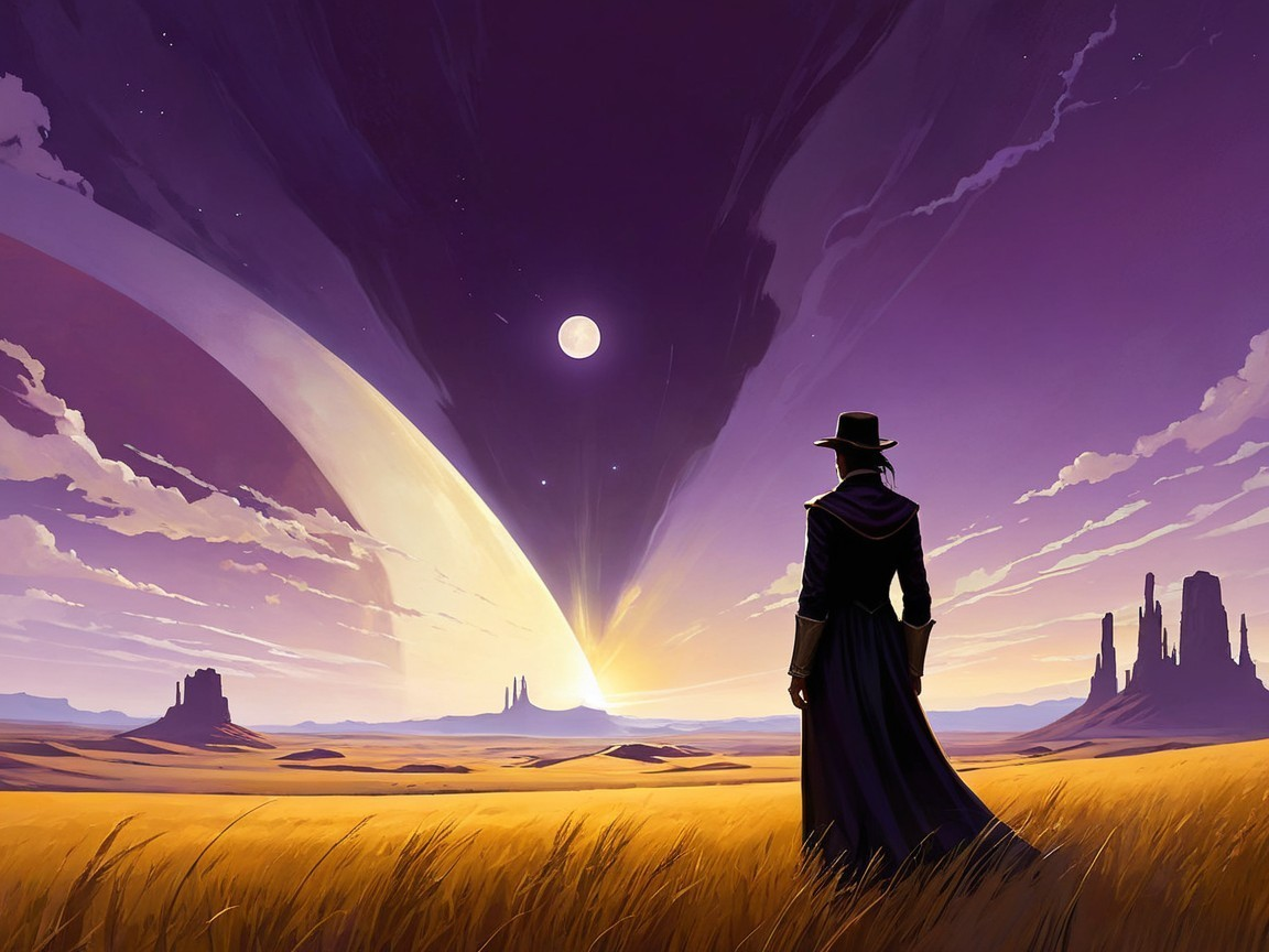 Lone Figure in Golden Landscape with Dramatic Sky