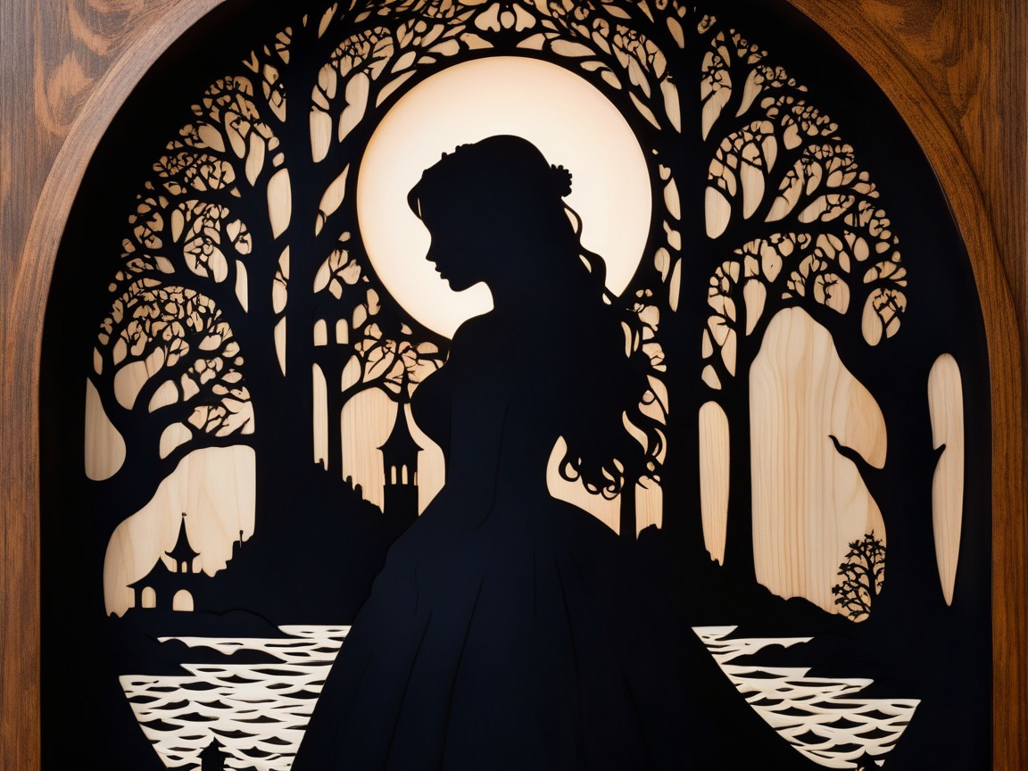 Ornate Princess Silhouette Against Moonlit Landscape