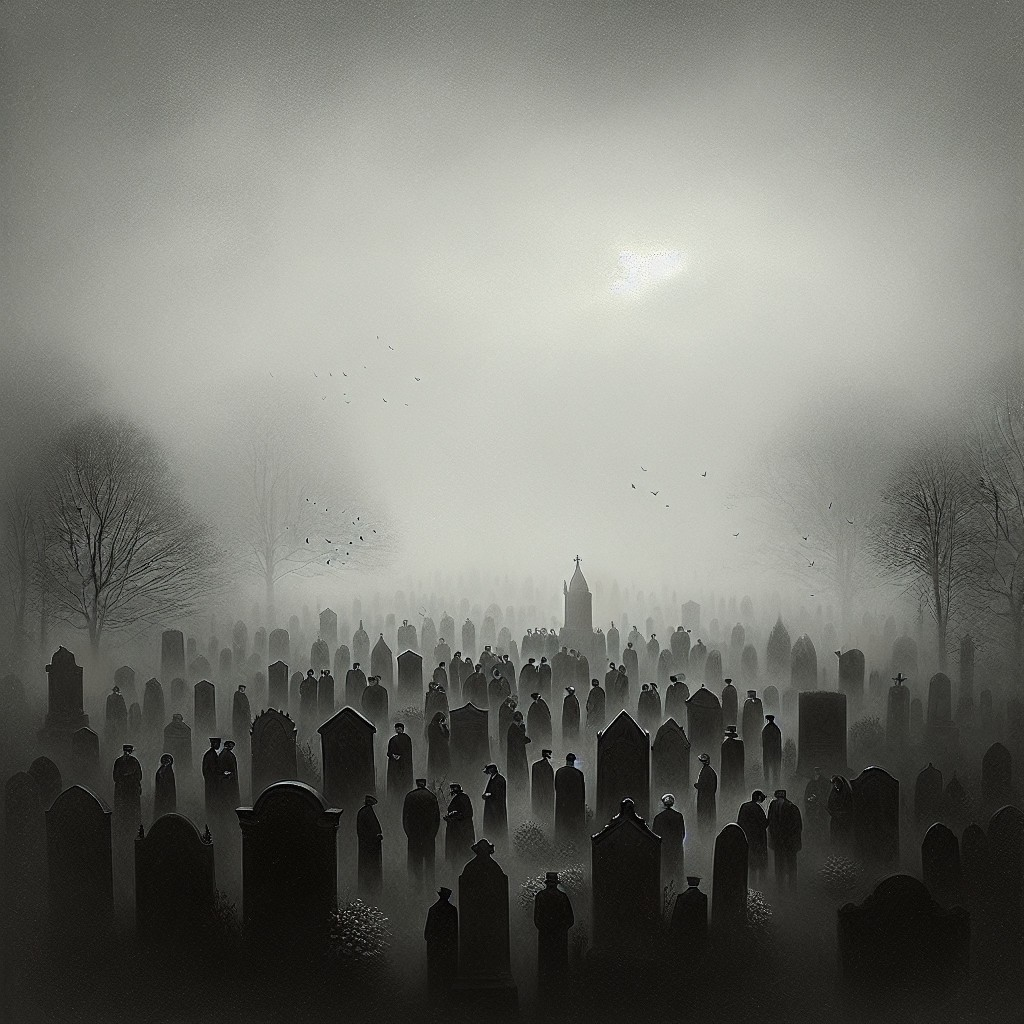 Foggy graveyard with dark gravestones and trees