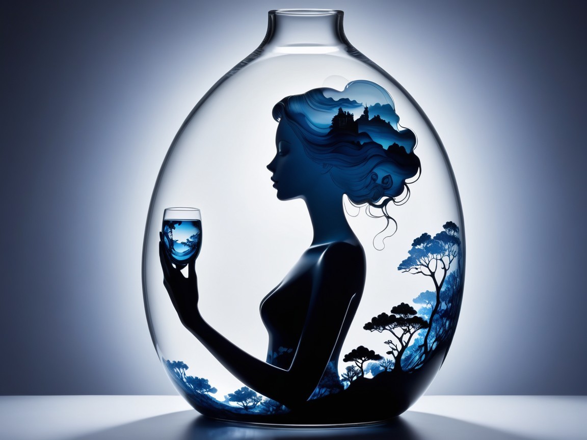Glass Vase in Woman's Silhouette with Nature Design