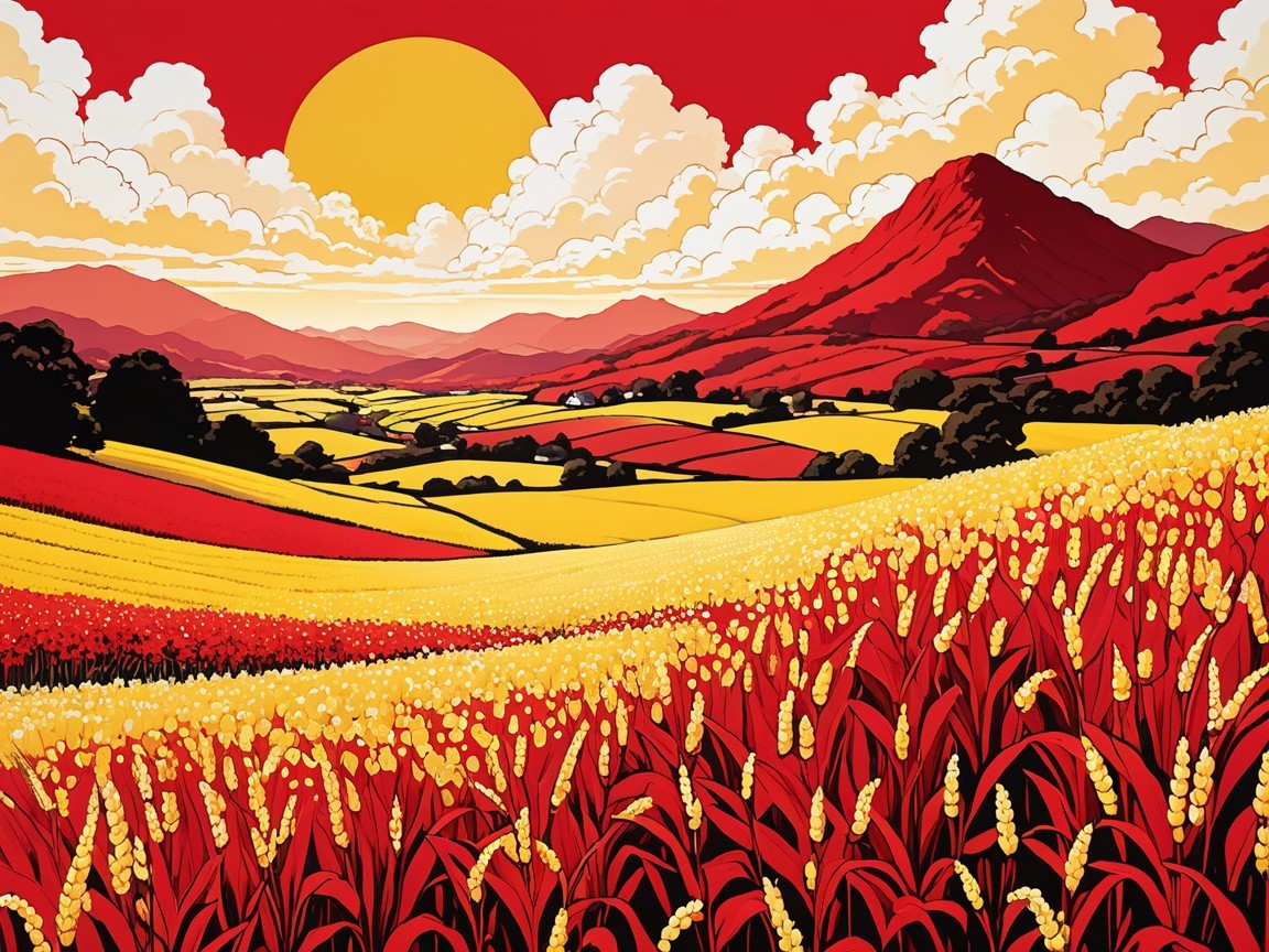 Vibrant Wheat Fields Under Dramatic Sunset Landscape