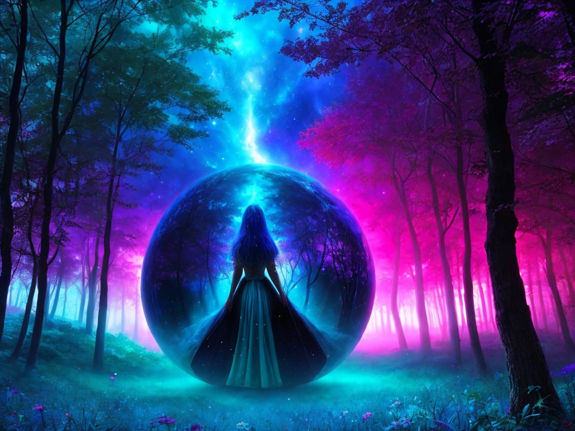 Mystical Forest with Shimmering Sphere and Enchanted Light