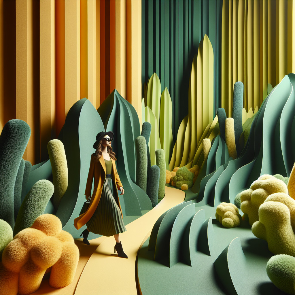 Woman in Abstract Landscape with Colorful Mountains
