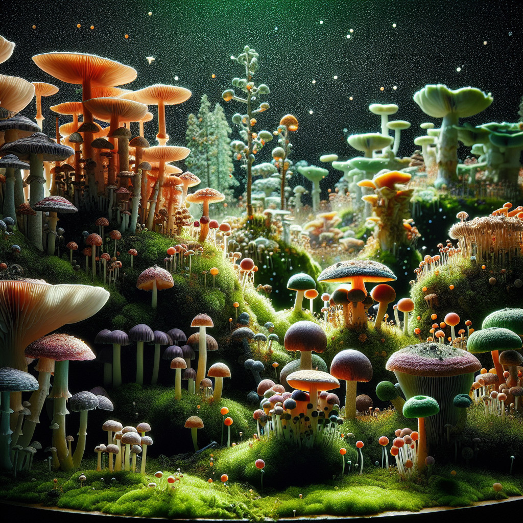 Vibrant Landscape of Colorful Mushrooms in Forest