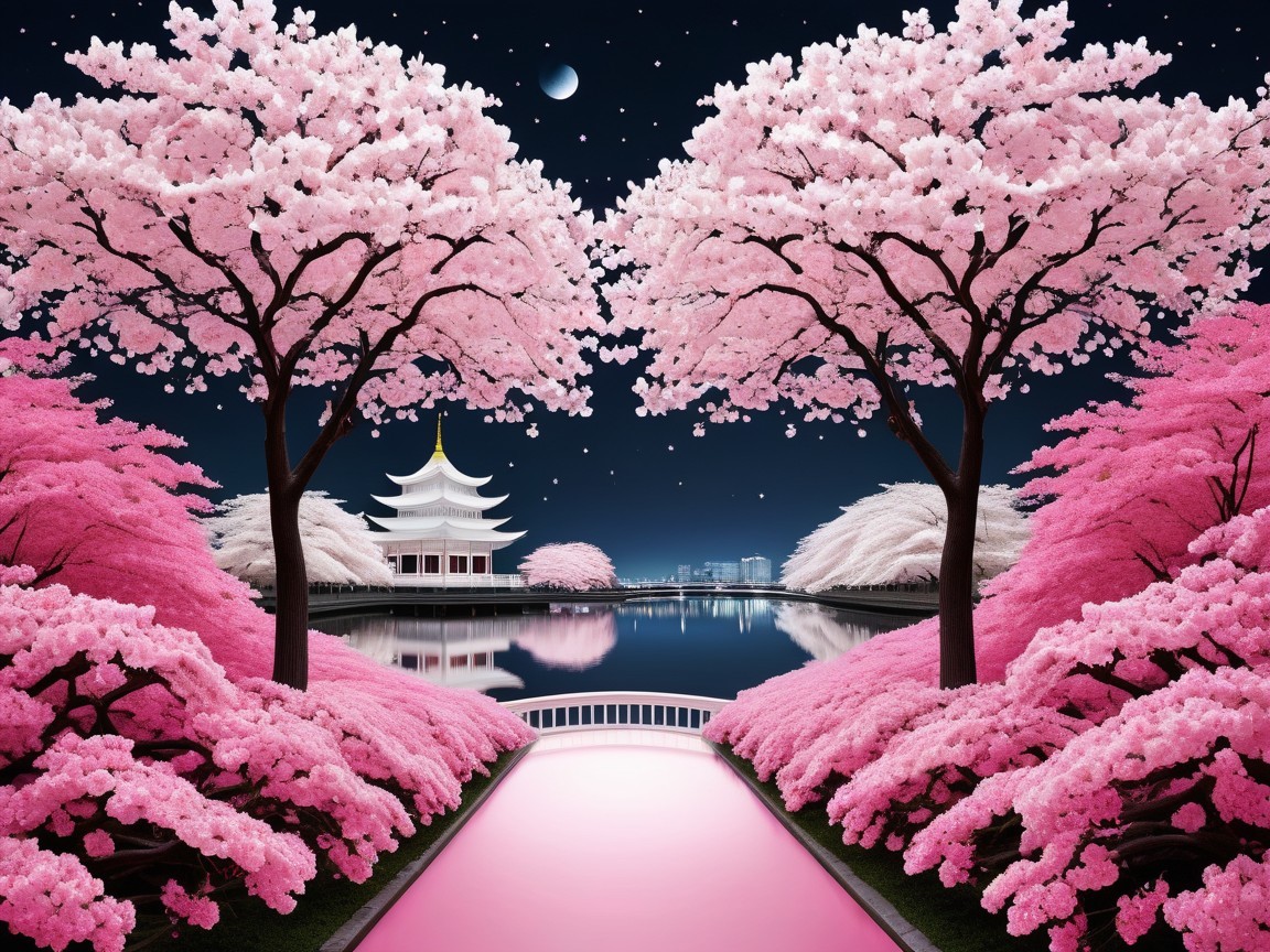 Tranquil Lake and Cherry Blossoms Under Night Sky