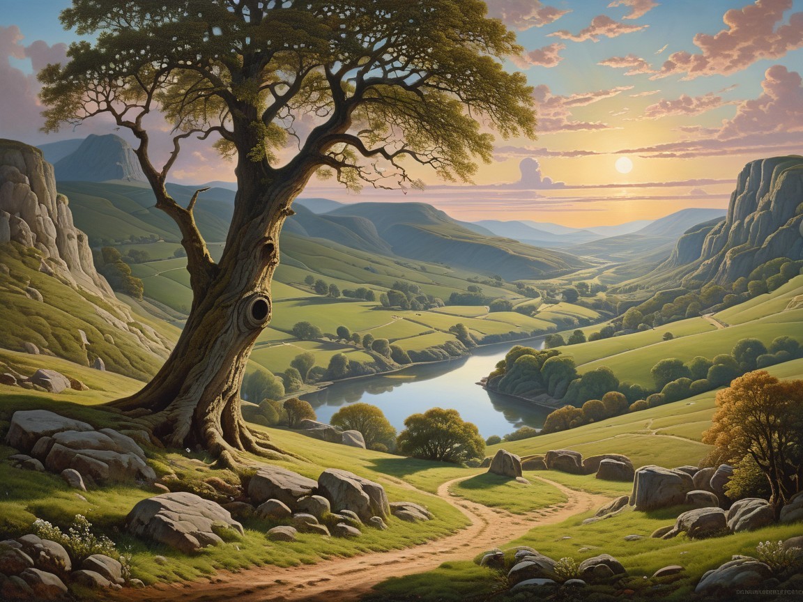 Valley at Sunset with Gnarled Tree and Winding River