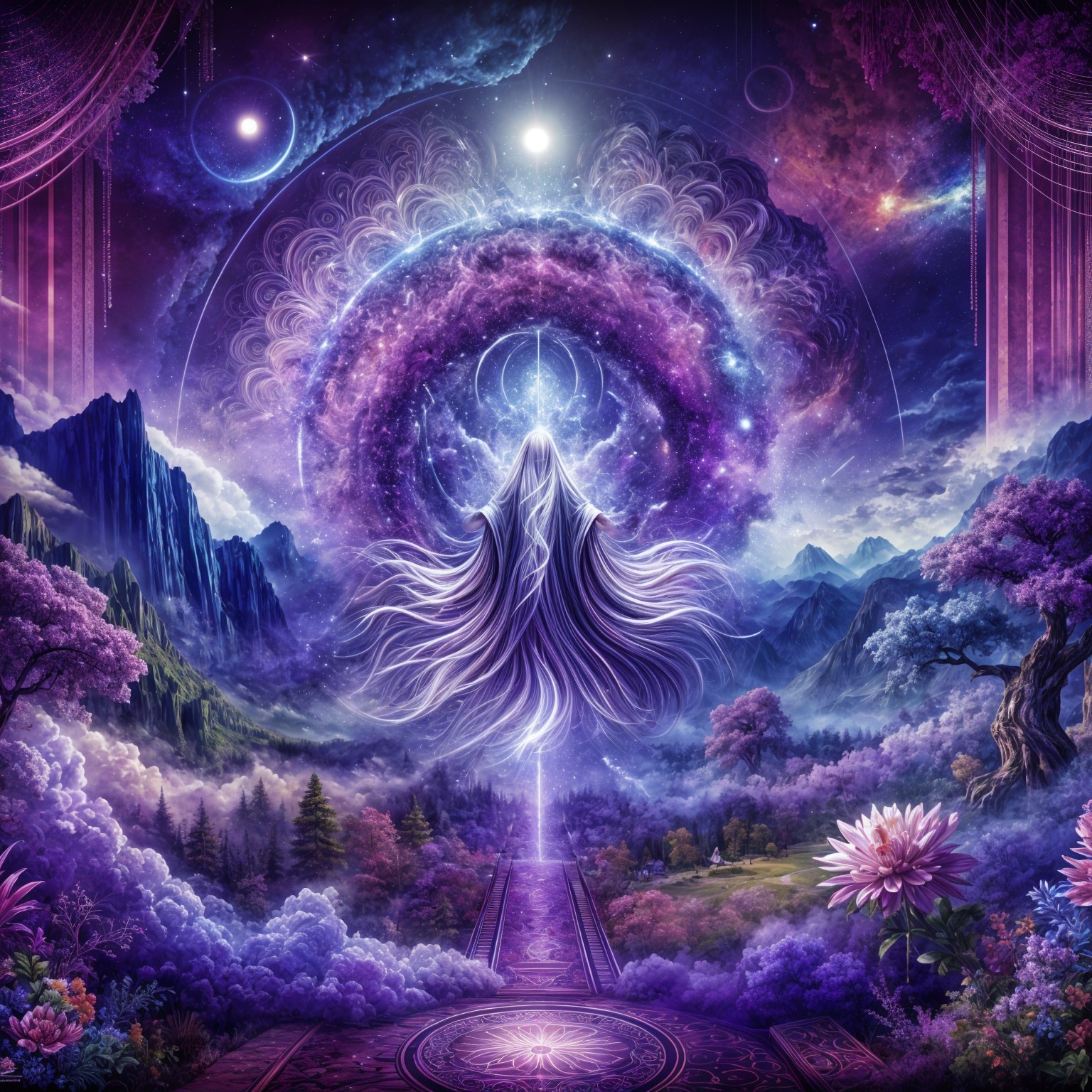 Cosmic Landscape with Mystical Figure and Galaxy