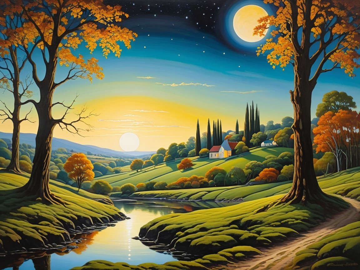 Serene Dusk Landscape with River and Autumn Trees