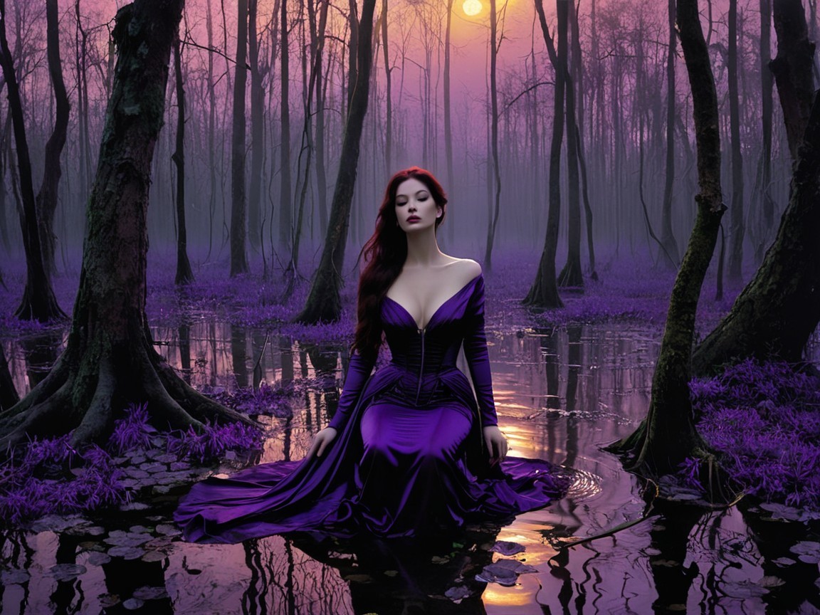 Serene Figure in Purple Gown in Misty Swamp Scene
