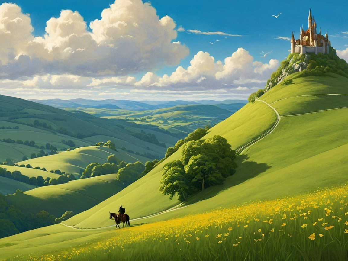 Majestic Landscape with Hills, Castle, and Wildflowers