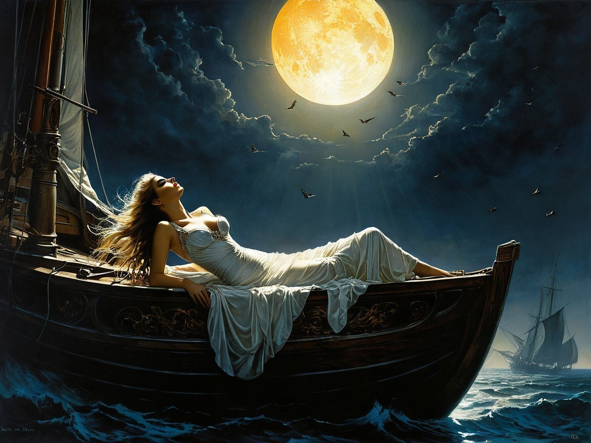 Serene Moonlit Scene on Tranquil Sea with Vintage Boat